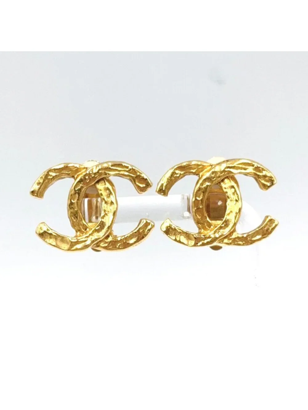 Chanel CC Logo Texture Gold Plated Earrings